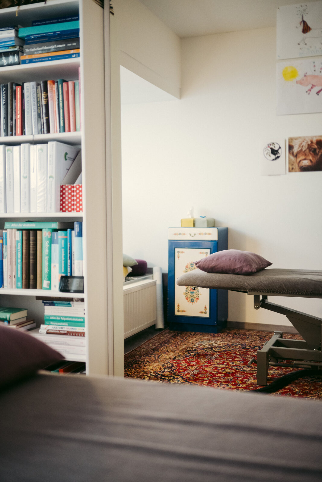 Blick durch die Tür auf Behandlungsliege und Fachbibliothek