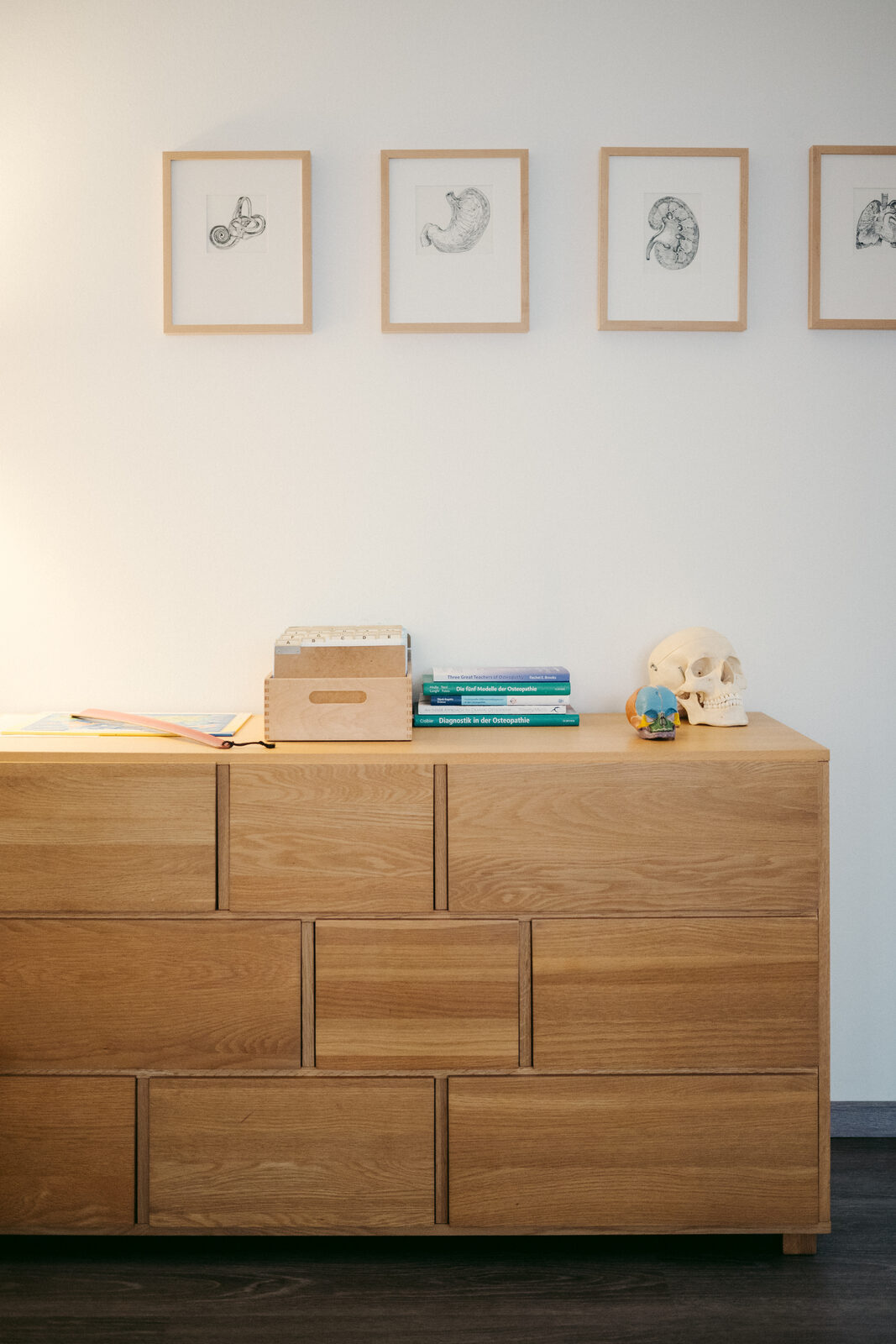 Holzkommode mit anatomischen Zeichnungen im Behandlungsraum